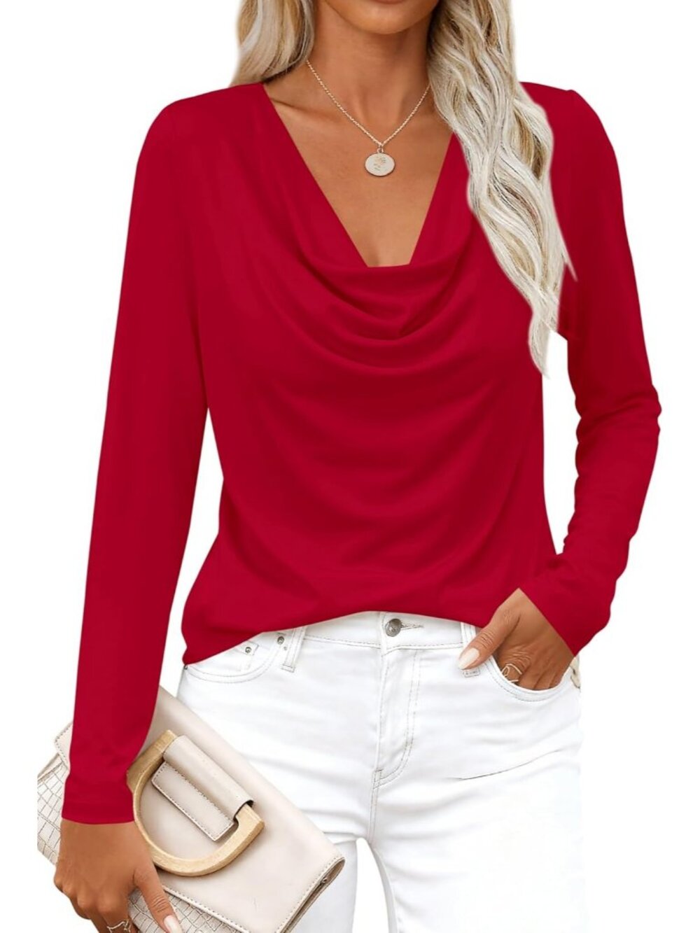 Women's Red Cowl Neck Long Sleeve Tunic Dressy Teacher Shirt Business Casual Top